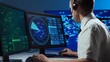 © Acronym - Workplace of the professional air traffic controller in the control tower. Caucasian aircraft control officer works using radar, computer navigation and digital maps. Aviation concept.