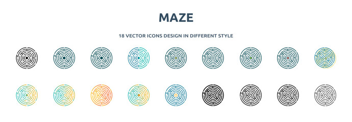 Wall Mural - maze icon in 18 different styles such as thin line, thick line, two color, glyph, colorful, lineal color, detailed, stroke and gradient. set of maze vector for web, mobile, ui