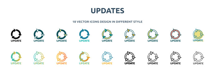 Poster - updates icon in 18 different styles such as thin line, thick line, two color, glyph, colorful, lineal color, detailed, stroke and gradient. set of updates vector for web, mobile, ui