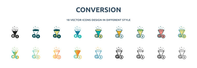 Poster - conversion icon in 18 different styles such as thin line, thick line, two color, glyph, colorful, lineal color, detailed, stroke and gradient. set of conversion vector for web, mobile, ui