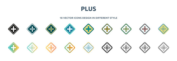Poster - plus icon in 18 different styles such as thin line, thick line, two color, glyph, colorful, lineal color, detailed, stroke and gradient. set of plus vector for web, mobile, ui