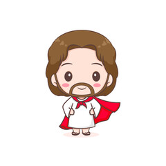 Wall Mural - Cute Jesus as a hero with red cloak. Chibi cartoon character isolated white background.
