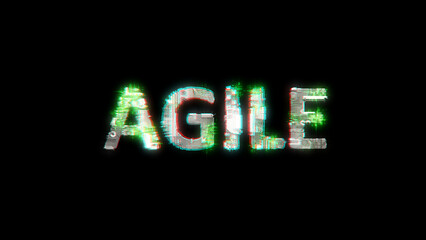 Poster - shining cybernetical text AGILE on black - meta universe concept, isolated - object 3D rendering