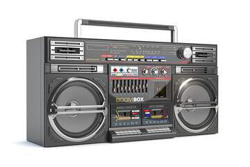 Retro ghetto blaster boombox, radio and audio tape recorder isolated on white.