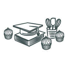 Recipes, Culinary Training. Confectionery Illustration. Confectioner's Tools. Vector Illustration Of Books, Cupcakes, Confectioner's Tools. Culinary Education. Books, Muffins, Graduation Cap.