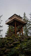 Vertical shot of a wooden observation tower