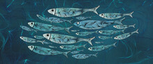 Fondo Marino Con Peces Nadando. Ilustración En Acuarela Y Tinta. Dibujo Submarino