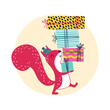 The squirrel carries boxes of gifts. Christmas winter animal character in simple hand drawn scandinavian style. A colorful childish cartoon in a colorful festive palette. Vector illustration.