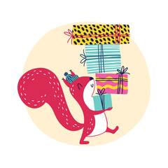 Wall Mural - The squirrel carries boxes of gifts. Christmas winter animal character in simple hand drawn scandinavian style. A colorful childish cartoon in a colorful festive palette. Vector illustration.