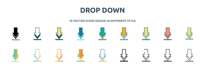Poster - drop down icon in 18 different styles such as thin line, thick line, two color, glyph, colorful, lineal color, detailed, stroke and gradient. set of drop down vector for web, mobile, ui