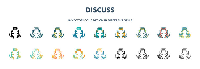 discuss icon in 18 different styles such as thin line, thick line, two color, glyph, colorful, lineal color, detailed, stroke and gradient. set of discuss vector for web, mobile, ui