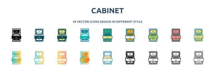 Poster - cabinet icon in 18 different styles such as thin line, thick line, two color, glyph, colorful, linea