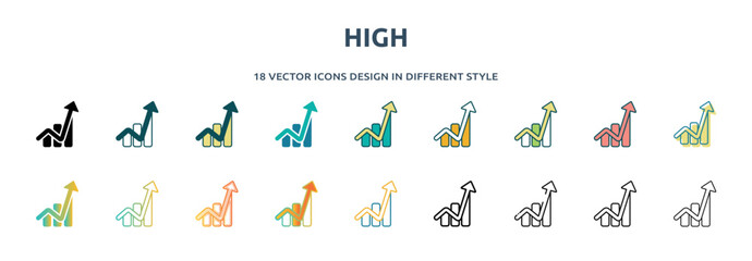Poster - high icon in 18 different styles such as thin line, thick line, two color, glyph, colorful, lineal color, detailed, stroke and gradient. set of high vector for web, mobile, ui