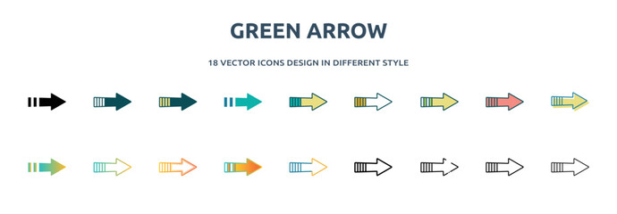 Poster - green arrow icon in 18 different styles such as thin line, thick line, two color, glyph, colorful, lineal color, detailed, stroke and gradient. set of green arrow vector for web, mobile, ui