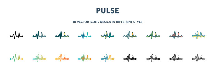 Poster - pulse icon in 18 different styles such as thin line, thick line, two color, glyph, colorful, lineal color, detailed, stroke and gradient. set of pulse vector for web, mobile, ui