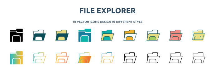 Poster - file explorer icon in 18 different styles such as thin line, thick line, two color, glyph, colorful, lineal color, detailed, stroke and gradient. set of file explorer vector for web, mobile, ui
