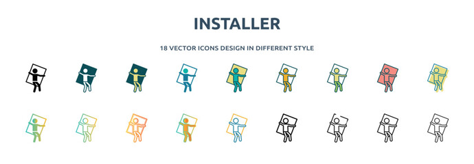 Poster - installer icon in 18 different styles such as thin line, thick line, two color, glyph, colorful, lineal color, detailed, stroke and gradient. set of installer vector for web, mobile, ui