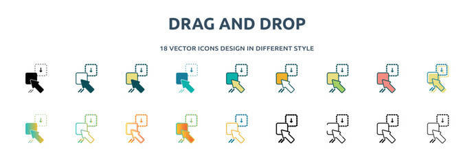 Poster - drag and drop icon in 18 different styles such as thin line, thick line, two color, glyph, colorful, lineal color, detailed, stroke and gradient. set of drag and drop vector for web, mobile, ui