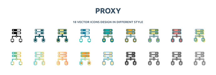 proxy icon in 18 different styles such as thin line, thick line, two color, glyph, colorful, lineal color, detailed, stroke and gradient. set of proxy vector for web, mobile, ui