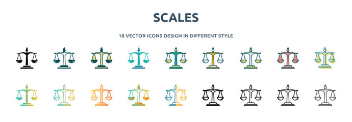 Poster - scales icon in 18 different styles such as thin line, thick line, two color, glyph, colorful, lineal color, detailed, stroke and gradient. set of scales vector for web, mobile, ui