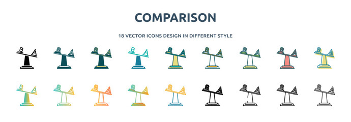 Poster - comparison icon in 18 different styles such as thin line, thick line, two color, glyph, colorful, lineal color, detailed, stroke and gradient. set of comparison vector for web, mobile, ui