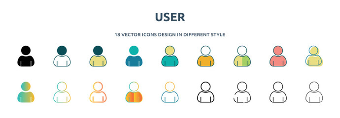 Poster - user icon in 18 different styles such as thin line, thick line, two color, glyph, colorful, lineal c