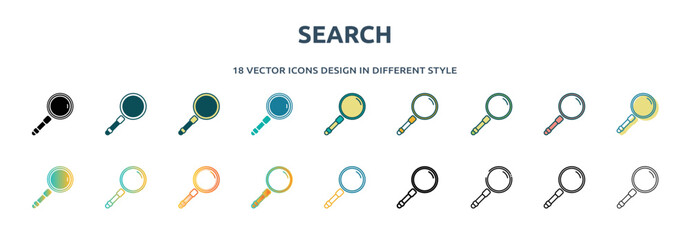 Poster - search icon in 18 different styles such as thin line, thick line, two color, glyph, colorful, lineal color, detailed, stroke and gradient. set of search vector for web, mobile, ui