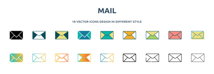 Poster - mail icon in 18 different styles such as thin line, thick line, two color, glyph, colorful, lineal color, detailed, stroke and gradient. set of mail vector for web, mobile, ui