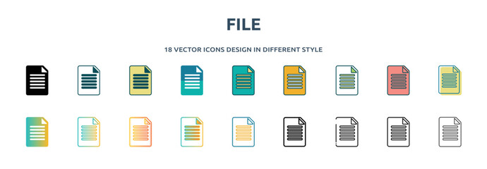 Poster - file icon in 18 different styles such as thin line, thick line, two color, glyph, colorful, lineal color, detailed, stroke and gradient. set of file vector for web, mobile, ui
