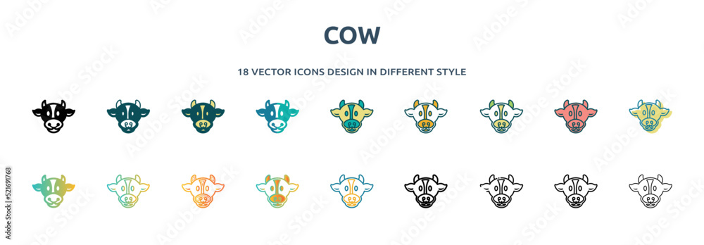 cow icon in 18 different styles such as thin line, thick line, two ...