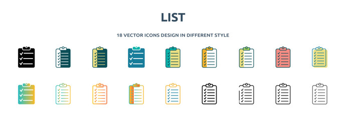 Poster - list icon in 18 different styles such as thin line, thick line, two color, glyph, colorful, lineal c