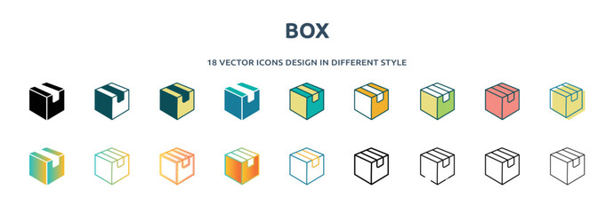 Poster - box icon in 18 different styles such as thin line, thick line, two color, glyph, colorful, lineal color, detailed, stroke and gradient. set of box vector for web, mobile, ui