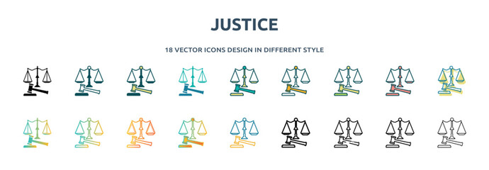 Poster - justice icon in 18 different styles such as thin line, thick line, two color, glyph, colorful, lineal color, detailed, stroke and gradient. set of justice vector for web, mobile, ui