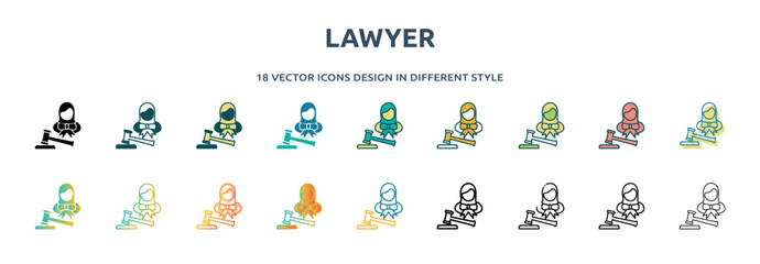 Poster - lawyer icon in 18 different styles such as thin line, thick line, two color, glyph, colorful, lineal color, detailed, stroke and gradient. set of lawyer vector for web, mobile, ui