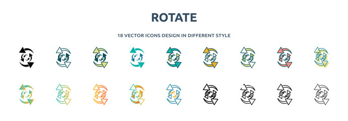 Poster - rotate icon in 18 different styles such as thin line, thick line, two color, glyph, colorful, lineal color, detailed, stroke and gradient. set of rotate vector for web, mobile, ui