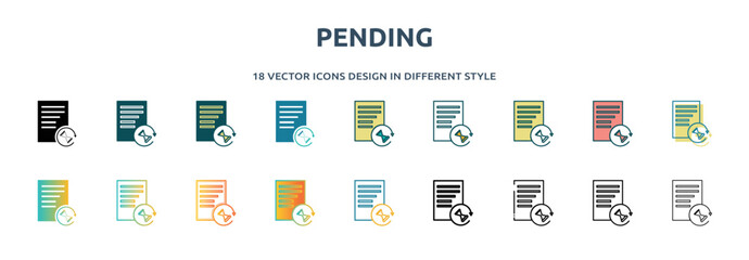 Poster - pending icon in 18 different styles such as thin line, thick line, two color, glyph, colorful, lineal color, detailed, stroke and gradient. set of pending vector for web, mobile, ui