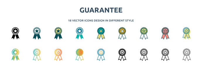 Poster - guarantee icon in 18 different styles such as thin line, thick line, two color, glyph, colorful, lineal color, detailed, stroke and gradient. set of guarantee vector for web, mobile, ui