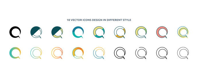 Poster - q icon in 18 different styles such as thin line, thick line, two color, glyph, colorful, lineal color, detailed, stroke and gradient. set of q vector for web, mobile, ui
