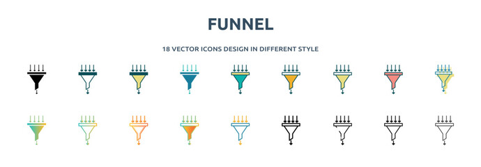 funnel icon in 18 different styles such as thin line, thick line, two color, glyph, colorful, lineal color, detailed, stroke and gradient. set of funnel vector for web, mobile, ui