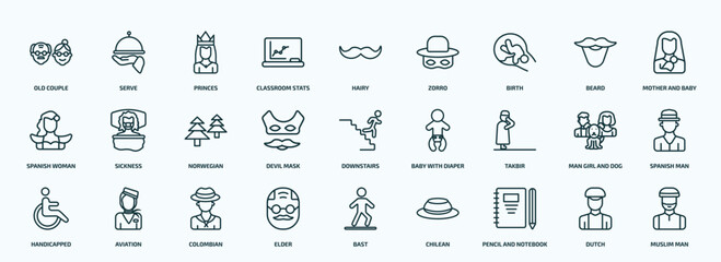 special lineal people icons set. outline icons such as old couple, classroom stats, birth, spanish woman, devil mask, takbir, handicapped, elder, pencil and notebook, dutch line icons.