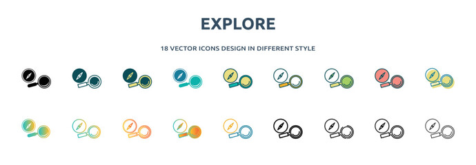Poster - explore icon in 18 different styles such as thin line, thick line, two color, glyph, colorful, lineal color, detailed, stroke and gradient. set of explore vector for web, mobile, ui