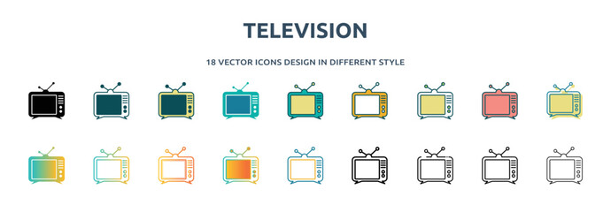 Poster - television icon in 18 different styles such as thin line, thick line, two color, glyph, colorful, li