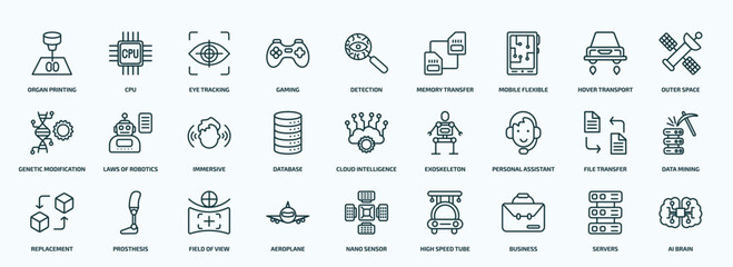 special lineal artificial intellegence icons set. outline icons such as organ printing, gaming, mobile flexible display, genetic modification, database, personal assistant, replacement, aeroplane,