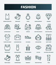 Set Of 25 Special Lineal Fashion Icons. Outline Icons Such As Women Sleeveless Shirt, Warm Sock, Diamond, Hair Dye, T Shirt With Heart, Shoulder Bag, Neckline Dress, Electrical Appliances, Monarchy,
