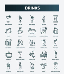 Wall Mural - set of 25 special lineal drinks icons. outline icons such as sidecar drink, mai tai, jigger, greyhound drink, pint of beer, tropical itch, manhattan drink, ramos gin fizz, mojito, forks line icons.