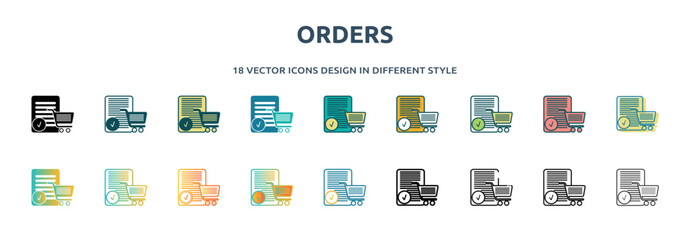 Poster - orders icon in 18 different styles such as thin line, thick line, two color, glyph, colorful, lineal color, detailed, stroke and gradient. set of orders vector for web, mobile, ui