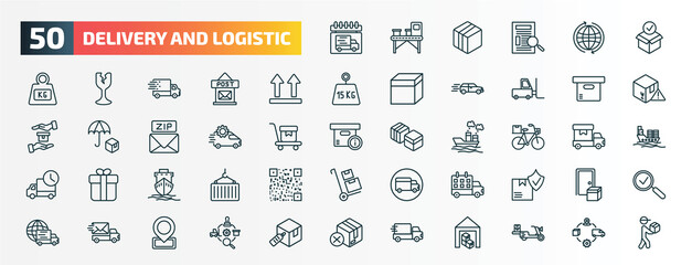 Wall Mural - set of 50 special lineal delivery and logistic icons. outline icons such as delivery day, package checking, side up, delivery containers, tings, by bike, ship by sea, schedule, express mail, line