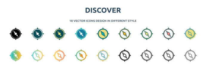 Poster - discover icon in 18 different styles such as thin line, thick line, two color, glyph, colorful, lineal color, detailed, stroke and gradient. set of discover vector for web, mobile, ui