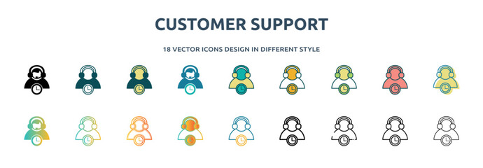 Poster - customer support icon in 18 different styles such as thin line, thick line, two color, glyph, colorf