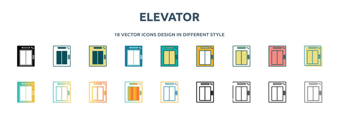 Poster - elevator icon in 18 different styles such as thin line, thick line, two color, glyph, colorful, lineal color, detailed, stroke and gradient. set of elevator vector for web, mobile, ui
